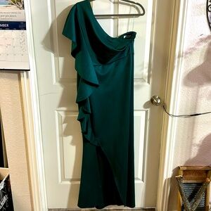 Forest Green one shoulder side, zip ruffle dress with split